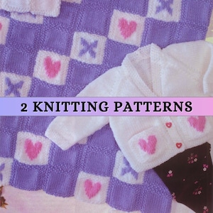 Easy Baby Blanket Knitting Pattern Baby Girl Heart Motif V neck Cardigan DK Double Knit Newborn Plain Knit Raglan Cardigan Pocket Patons PDF