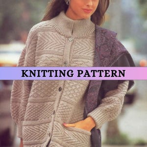 Womens Aran Cardigan Knitting Pattern High Neck Collar 80s Vintage Textured Knit Jacket Pockets Ladies Coat Worsted Weight Patons PDF