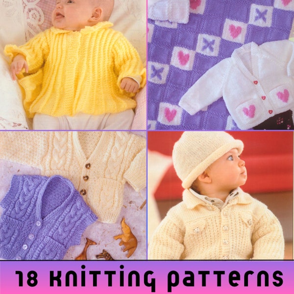 18 x Baby Knitting Patterns DK, Double Knitting Baby Coat Cardigan Jumper Blanket Hat, Newborn to Toddler Sizes, Baby Boy Girl Sweater