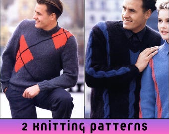 Chunky Knit Sweater Men Cable Knit Geo Pattern Colorwork