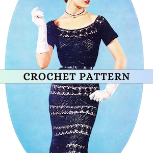 Lace Crochet Dress Pattern 50s Vintage Bodycon Dress Crochet Pattern Long Maxi Lacework Retro Evening Gown Short Sleeve 3 ply Printable PDF