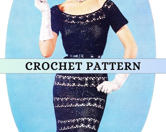 Lace Crochet Dress Pattern 50s Vintage Bodycon Dress Crochet Pattern Long Maxi Lacework Retro Evening Gown Short Sleeve 3 ply Printable PDF