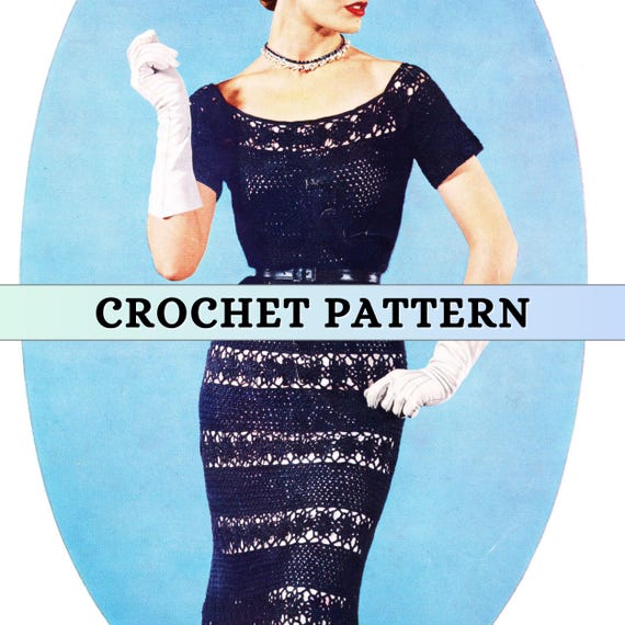 Lace Crochet Dress Pattern 50s Vintage Bodycon Dress Crochet Pattern Long Maxi Lacework Retro Evening Gown Short Sleeve 3 ply Printable PDF