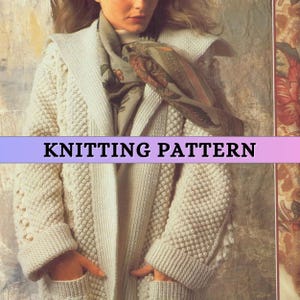 Oversized Knit Cardigan Pattern Aran Knitting Pattern 80s Vintage Long Sweater Coat Pattern Womens Jacket Pockets Collar Worsted Patons PDF