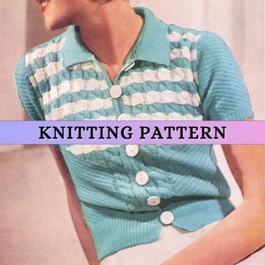 May include: Knitting pattern for a short-sleeved, turquoise cardigan with white stripes and button closures. The cardigan has a cable knit pattern and a collar.