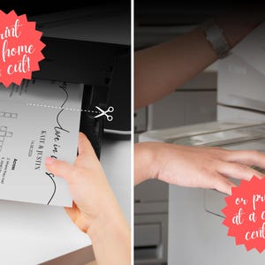 Two printing options side by side — print wedding crossword puzzle at home and cut, or print at a professional copy center