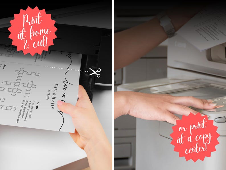 Two printing options side by side — print wedding crossword puzzle at home and cut, or print at a professional copy center