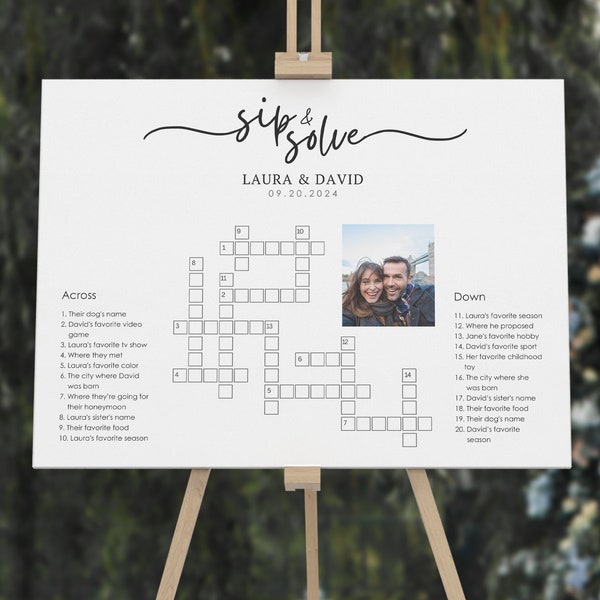 Wedding Crossword Puzzle Games with Photo, Large Wedding Shower Games, Sip and Solve Reception Game, Printable Games | WG110