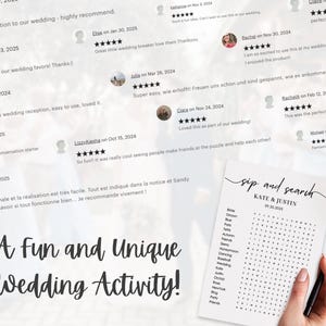 Customer reviews collage for sip and search wedding word search puzzle with 5-star ratings in multiple languages, fun and unique wedding activity