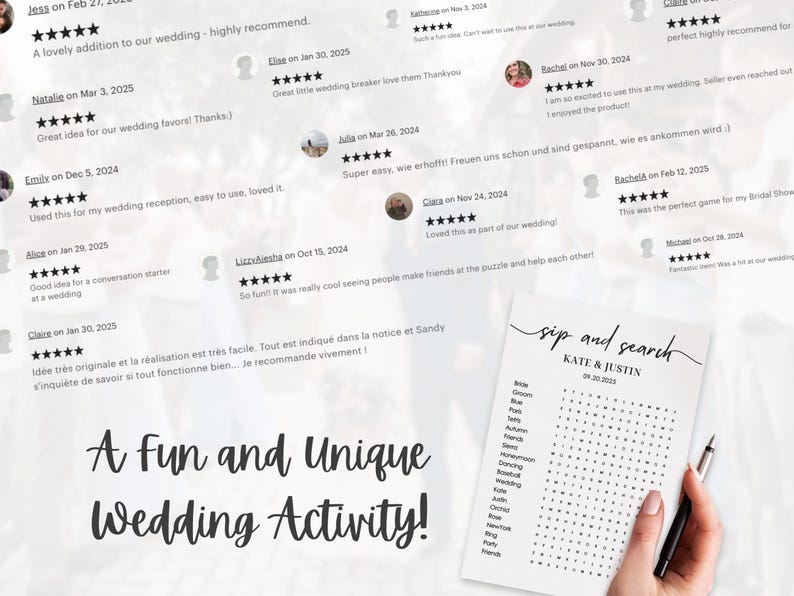 Customer reviews collage for sip and search wedding word search puzzle with 5-star ratings in multiple languages, fun and unique wedding activity
