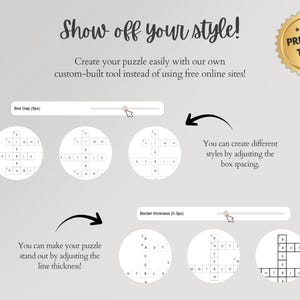 Premium puzzle builder tool showing box gap and border thickness adjustment sliders with three different style variations for the crossword grid