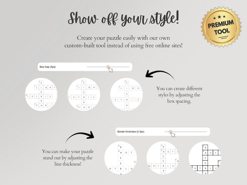 Premium puzzle builder tool showing box gap and border thickness adjustment sliders with three different style variations for the crossword grid