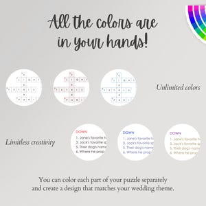 Three crossword puzzle color variations shown in circular frames — customize grid lines, box backgrounds and clue text colors separately to match your wedding theme