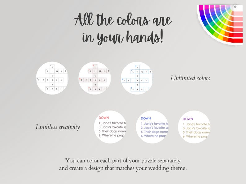 Three crossword puzzle color variations shown in circular frames — customize grid lines, box backgrounds and clue text colors separately to match your wedding theme