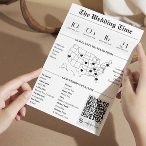 Bearbeitbare 4-seitige Zeitungshochzeits-Dankeskartenvorlage, kleine gefaltete Zeitung, Hochzeits-Playlist, QR-Code, Print at Home | WN113