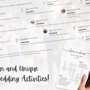 Customer reviews collage for wedding crossword puzzle with 5-star ratings in multiple languages including English, French and German, alongside the printed card
