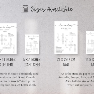 Four wedding crossword puzzle size options side by side — 8.5x11 US Letter, 5x7 card size, A4 and A5 — minimalist black and white design on gray background
