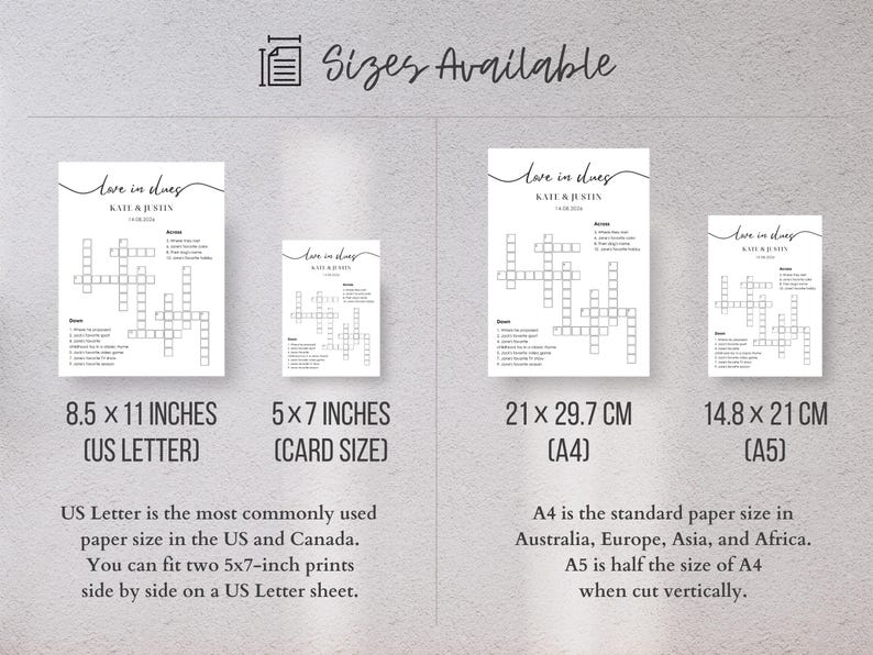 Four wedding crossword puzzle size options side by side — 8.5x11 US Letter, 5x7 card size, A4 and A5 — minimalist black and white design on gray background
