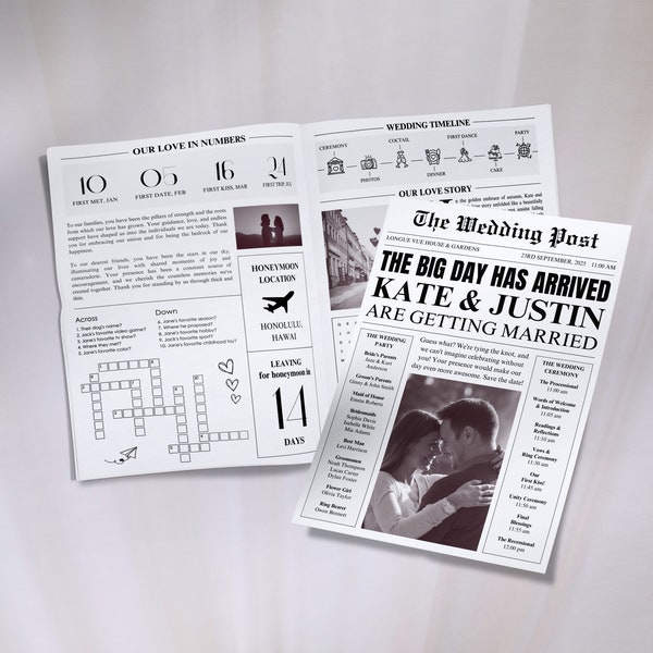 Newspaper Wedding Program Template, Editable and Printable Wedding Day Program, Infographic Wedding Timeline, Folded Wedding Program | WN102