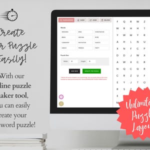 Online word search puzzle maker tool shown on desktop screen — enter custom words, set grid size, generate unlimited puzzle layouts, instant download