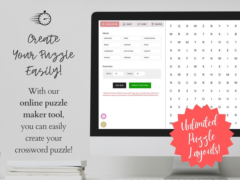 Online word search puzzle maker tool shown on desktop screen — enter custom words, set grid size, generate unlimited puzzle layouts, instant download