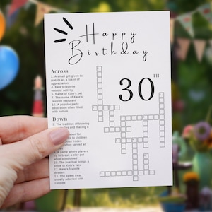 Crucigrama pequeño editable para fiesta de cumpleaños número 30, juegos divertidos para fiestas personalizados, sorbo y resolución imprimibles, plantilla de juego de rompecabezas 5x7 / PG112