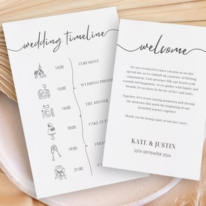 Línea de tiempo de la boda, plantilla de carta de bienvenida, tarjeta de línea de tiempo minimalista del día de la boda, tarjeta de línea de tiempo de recepción, plantilla de boda editable / WT105