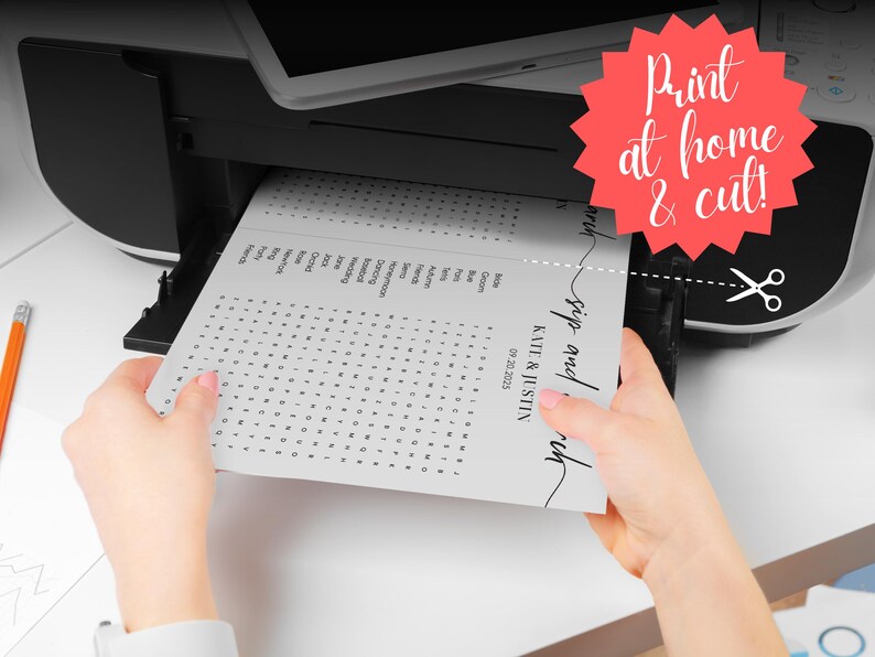 Hands pulling printed sip and search wedding word search puzzle from home printer, print at home and cut, instant download printable template