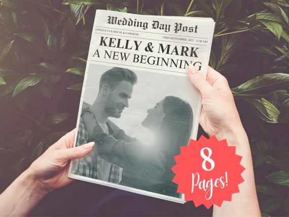 Editable Wedding Newspaper Program Template: Photo Gallery, Crossword (Digital Download)