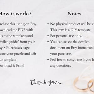 How it works and notes — purchase on Etsy, download PDF with template links, create and edit puzzle in Canva, download and print. Digital only, personal use, instant access after purchase