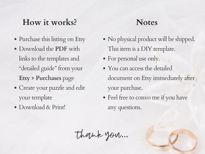 How it works and notes — purchase on Etsy, download PDF with template links, create and edit puzzle in Canva, download and print. Digital only, personal use, instant access after purchase