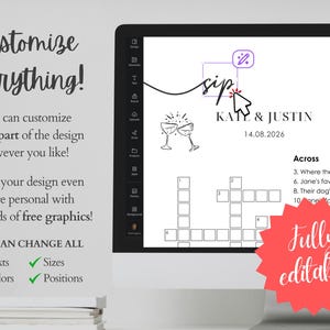 Canva editor showing wedding crossword template being customized with graphics, couple names and date — fully editable texts, colors, sizes and positions