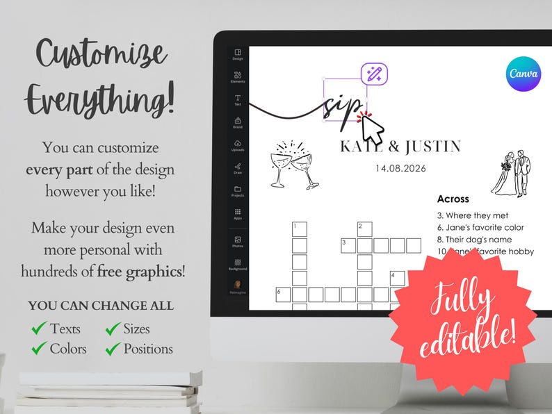 Canva editor showing wedding crossword template being customized with graphics, couple names and date — fully editable texts, colors, sizes and positions