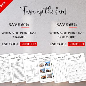 Six minimalist wedding game cards spread out showing full game set — bundle offer save 60% with 2 games using code BUNDLE2, save 65% with 3 or more using code BUNDLE3