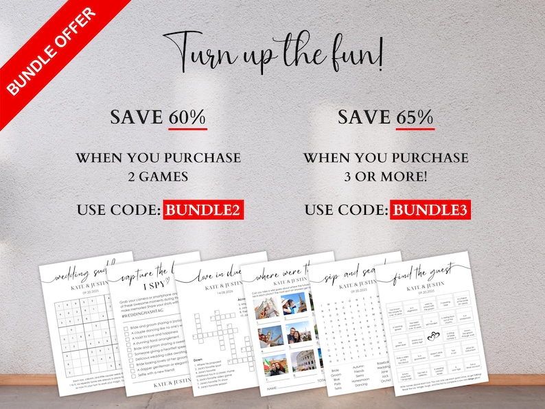 Six minimalist wedding game cards spread out showing full game set — bundle offer save 60% with 2 games using code BUNDLE2, save 65% with 3 or more using code BUNDLE3