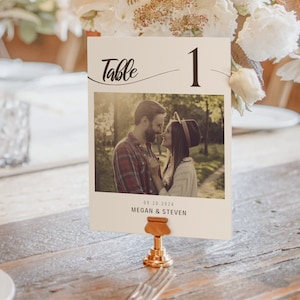 Plantilla de signo de números de mesa de fotos sepia imprimibles, tarjetas de mesa de boda editables, signos de mesa de descarga instantánea, 5x7, 4x6, 3x5 pulgadas / TN139