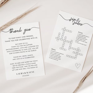 Tarjeta de agradecimiento de boda y crucigrama, plantilla de signo de agradecimiento A5 pequeña editable, juego divertido de boda, ideas de tarjetas de mesa de boda / WTY147