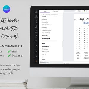 Canva editor showing sip and search wedding word search template being customized — editable texts, colors, sizes and positions, free Canva account required