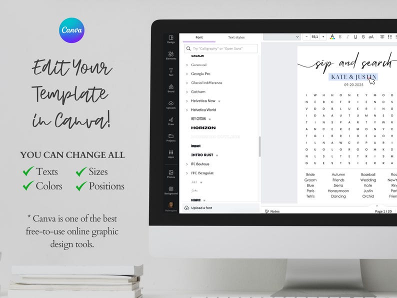 Canva editor showing sip and search wedding word search template being customized — editable texts, colors, sizes and positions, free Canva account required
