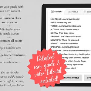 Puzzle builder interface showing unlimited clues and answers, customize colors, adjust number sizes and border thickness, detailed user guide and video tutorial included, available in 5 languages