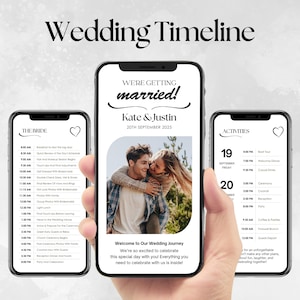 以下が含まれることがあります： 3つのスマートフォン画面に表示された結婚式タイムライン。最初の画面には花嫁のスケジュール、2番目の画面にはカップルの写真と「We're getting married! Kate & Justin 20th September 2025」というテキスト、3番目の画面には結婚式のアクティビティのリストが表示されています。