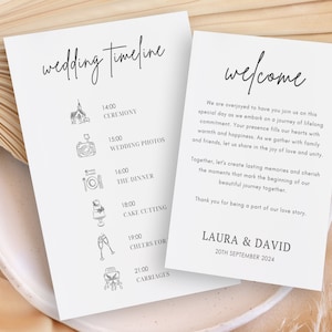 Plantilla de línea de tiempo del día de la boda, tarjeta de línea de tiempo de recepción, línea de tiempo de boda editable, línea de tiempo de fiesta nupcial, carta de boda minimalista / WT108