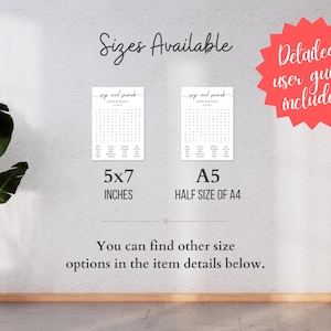 Two sip and search word search puzzle size options side by side — 5x7 inches and A5 half size of A4 — minimalist black and white design, detailed user guide included