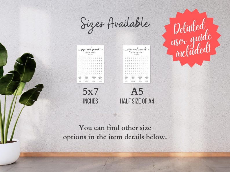 Two sip and search word search puzzle size options side by side — 5x7 inches and A5 half size of A4 — minimalist black and white design, detailed user guide included