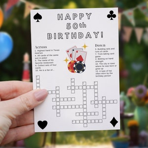 Spielkarten unter dem Motto Geburtstagsparty Kreuzworträtsel, bearbeitbar und druckbar kleine Sip und Solve, 30., 40., 50. Spiele Vorlage | PG105