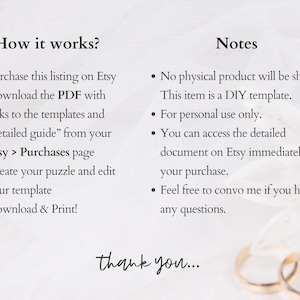 How it works and notes — purchase on Etsy, download PDF with template links, create puzzle and edit in Canva, download and print. Digital only, personal use, instant access