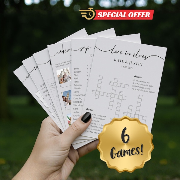 Wedding Shower Game Set – 6 Printable Bridal Activities (Editable)