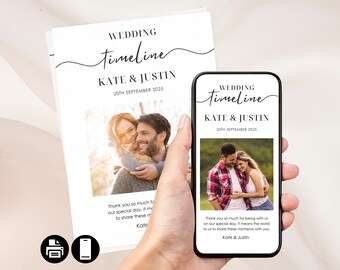 Puede incluir: Una tarjeta de cronología de boda con un diseño en blanco y negro. La tarjeta presenta una foto de una pareja y el texto "Wedding Timeline Kate & Justin 20th September 2025".