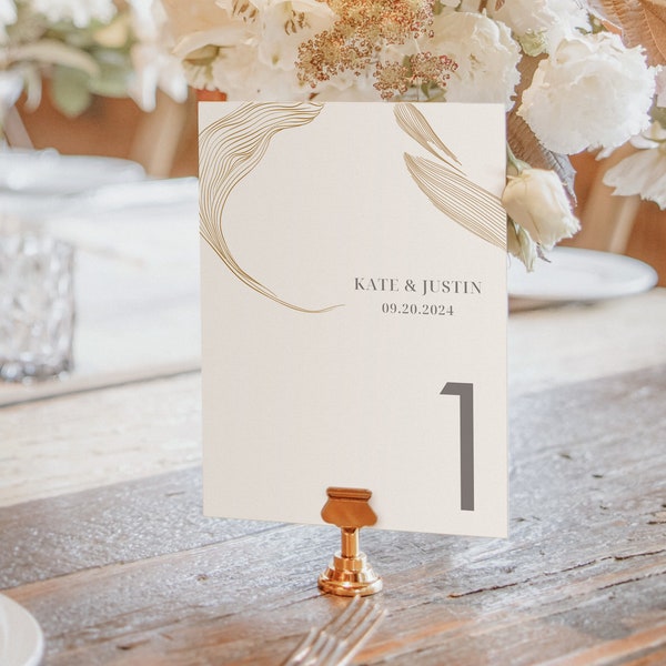 Light Elegant Table Numbers Signs Template, Golden Lines, Premium Design, Editable and Printable Wedding Signage, Table Cards, Canva | TN147