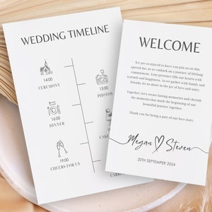 Carta de bienvenida de boda y plantilla de línea de tiempo, tarjeta de línea de tiempo de recepción, plantilla de boda editable, tarjeta de línea de tiempo elegante del día de la boda / WT106
